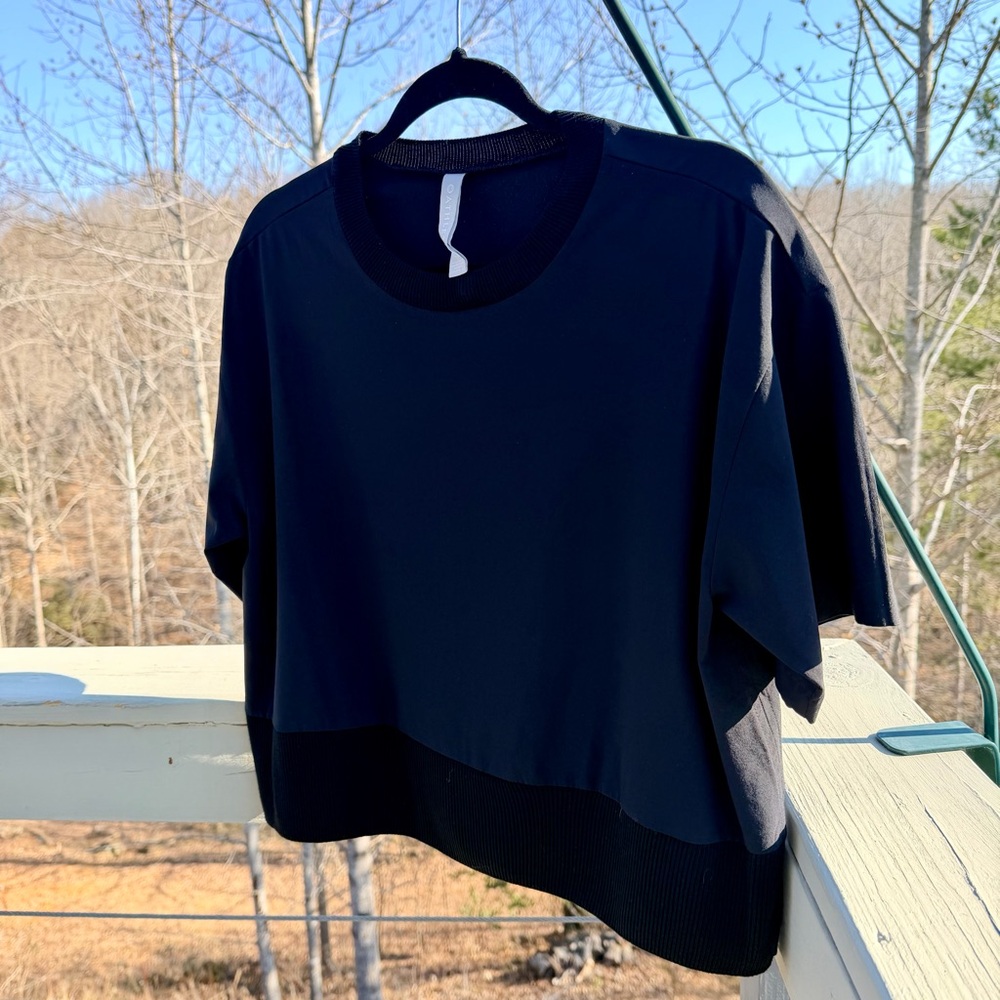 Athleta Zephyr Cropped Lightweight Loose Short Sleeve Ribbed Shirt Black Small - Picture 8 of 15